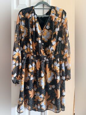 Daniel Rainn Black Dress with Orange and Light Blue Floral Trim